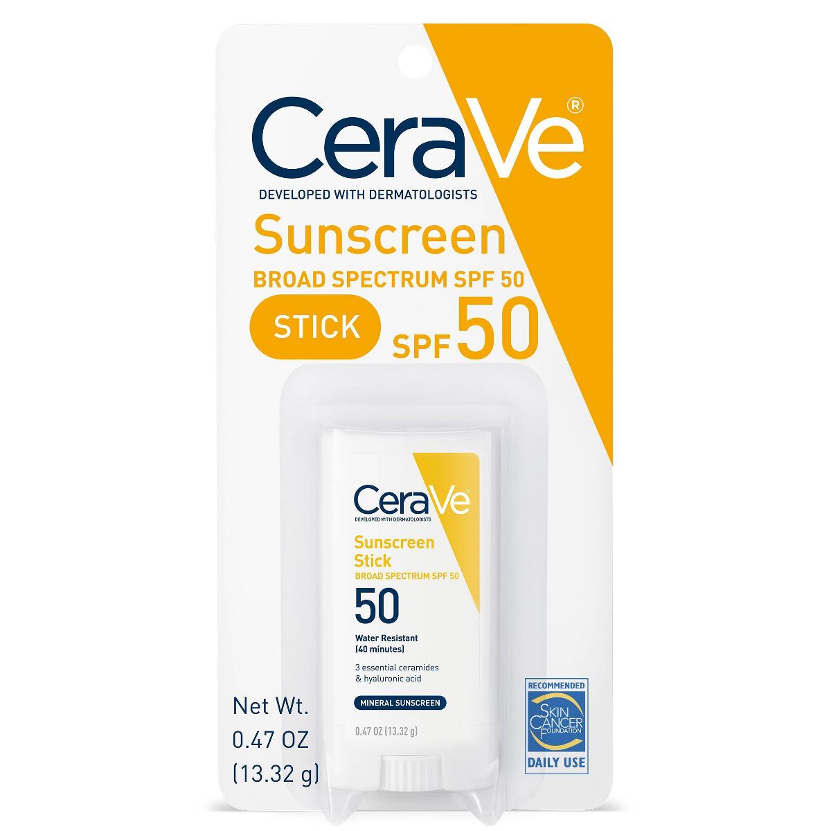 CeraVe 100% Mineral Sunscreen Stick for Face and Body - SPF 50